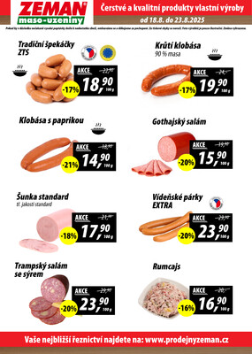 ZEMAN maso-uzeniny akční leták pro vybrané prodejny první skupiny od 18.8. do 23.8.2025