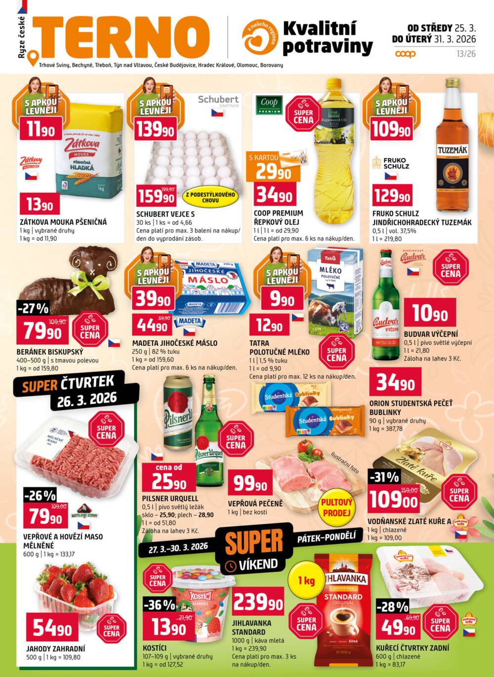Leták Terno - Terno Třeboň, Týn n. Vlt., Bechyně, Trhové Sviny, Hradec Králové, Zlín, Český Krumlov, Prachatice, Jihlava, Strakonice, Tábor od 25.3. do 31.3.2026 - strana 1