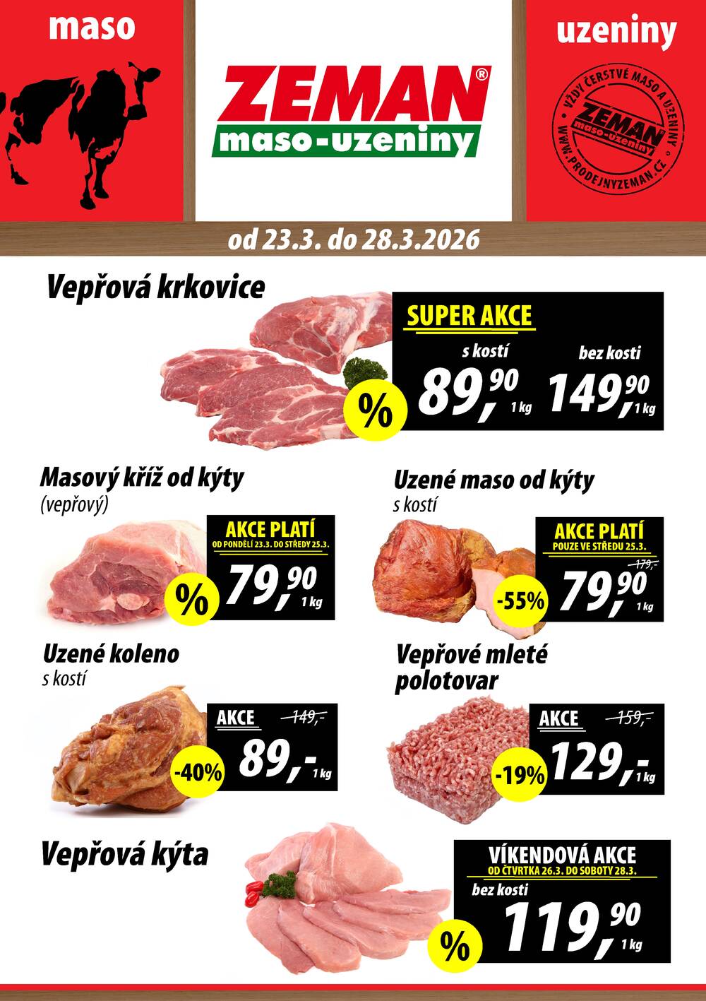 Leták ZEMAN maso-uzeniny - ZEMAN maso-uzeniny akční leták pro vybrané prodejny druhé skupiny od 23.3. do 28.3.2026 - strana 1