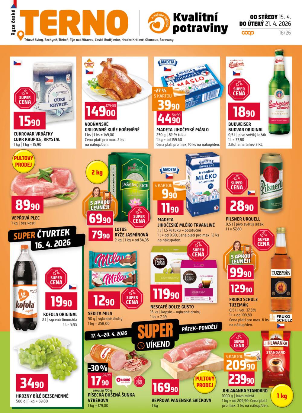 Terno Třeboň, Týn n. Vlt., Bechyně, Trhové Sviny, Hradec Králové, Zlín, Český Krumlov, Prachatice, Jihlava, Strakonice, Tábor, Borovany od 15.4. do 21.4.2026