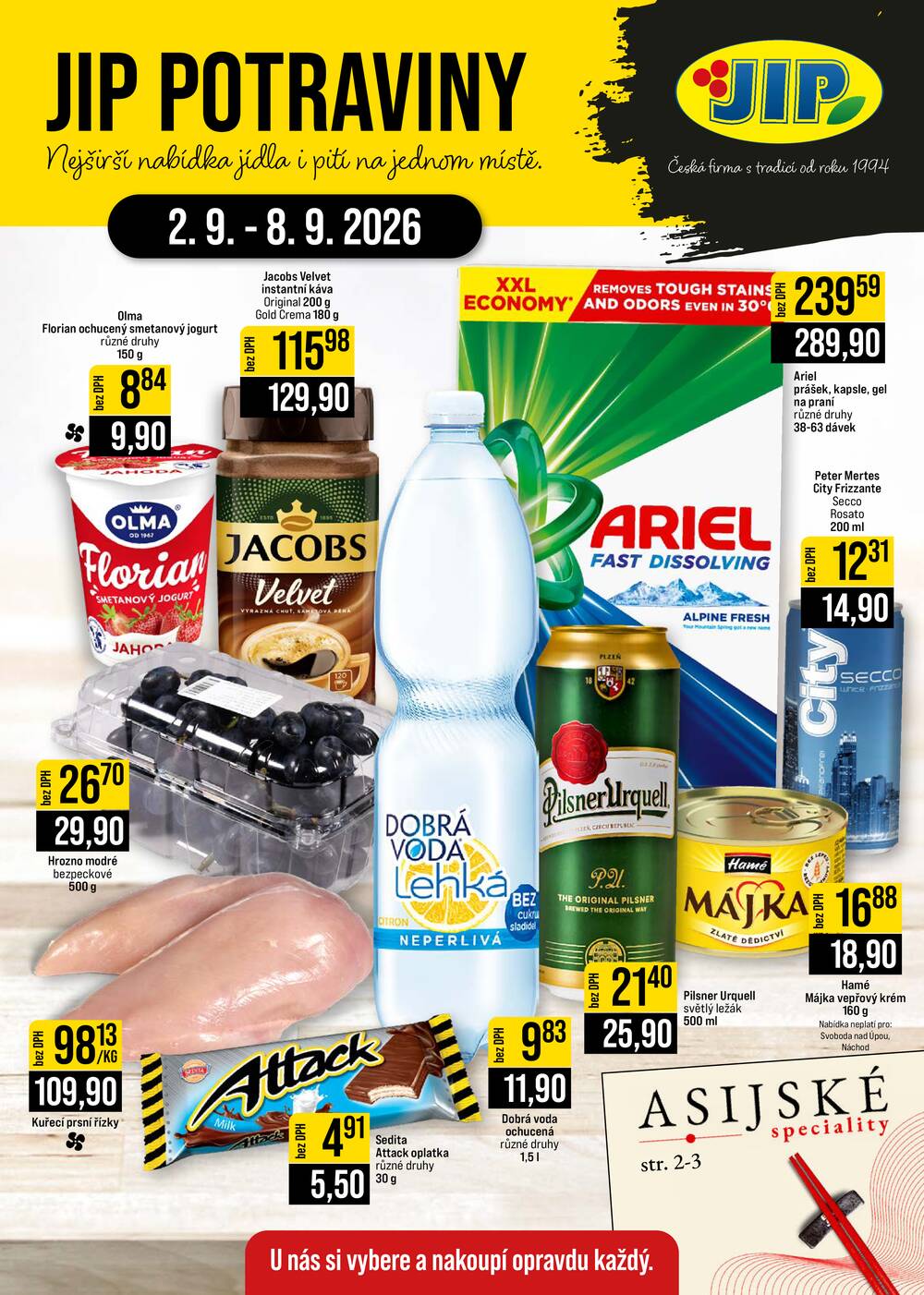 JIP Cash & Carry České Budějovice, Most, Náchod, Polička, Sušice a Svoboda nad Úpou od 2.9. do 8.9.2026