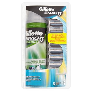 Gillette Mach3 Náhradní hlavice k holicímu strojku 8 ks + Sensitive gel na holení zdarma 200ml