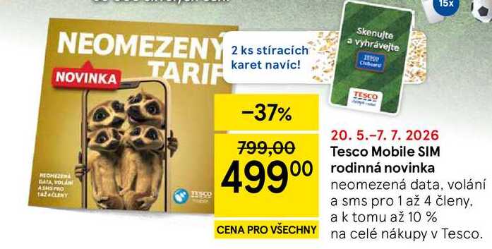 Tesco Mobile SIM rodinná novinka, neomezená data, volání a sms pro 1 až 4 členy