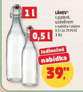 LÁHEV s patent. uzávěrem v nabídce i objem 0,5 l, 1 ks