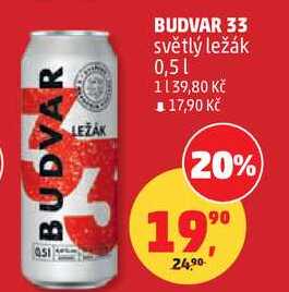 BUDVAR 33 světlý ležák, 0,5 l