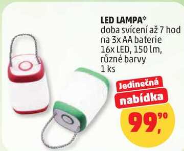 LED LAMPA doba svícení až 7 hod na 3x AA baterie 16x LED, 150 lm, různé barvy, 1 ks