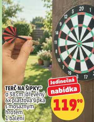TERČ NA ŠIPKY 38 cm dřevěný 6x plastová šipka s mosazným hrotem, 1 balení