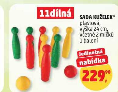SADA KUŽELEK plastová, výška 24 cm, včetně 2 míčků, 1 balení