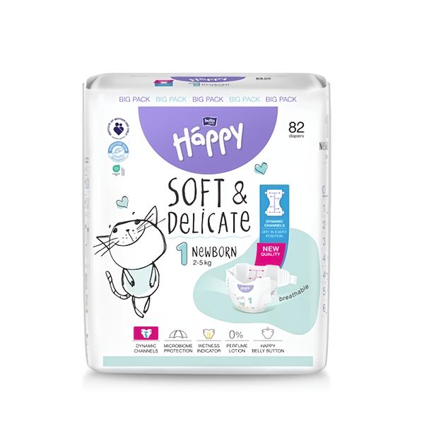 Bella Baby Happy dětské plenky s kanálky Soft & Delicate vel. 1 (2-5 kg), 82 ks
