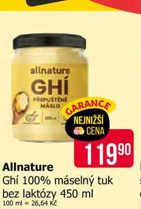 Allnature Ghí 100% máselný tuk bez laktózy 450 ml