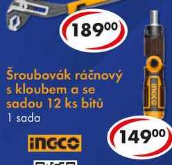 Šroubovák ráčnový s kloubem a se sadou 12 ks bitů