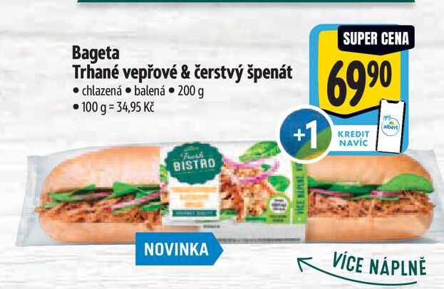 Bageta Trhané vepřové & čerstvý špenát  200 g