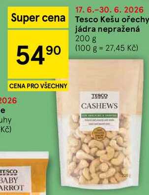 Tesco Kešu ořechy jádra nepražená, 200 g