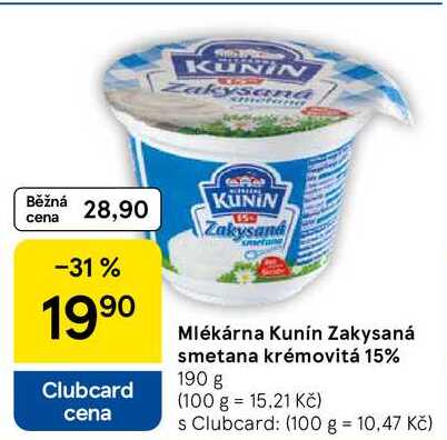 Mlékárna Kunín Zakysaná smetana krémovitá 15%, 190 g