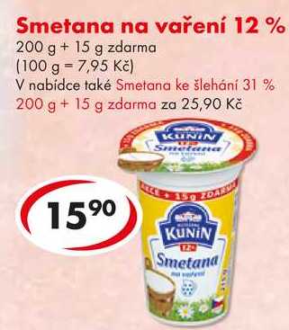 Smetana na vaření 12%, 200 g + 15 g zdarma 