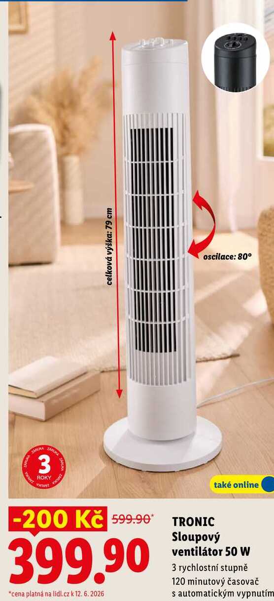 TRONIC Sloupový ventilátor 50 W, 3 rychlostní stupně 1