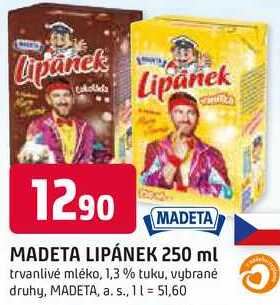 MADETA LIPÁNEK 250 ml trvanlivé mléko, 1,3% tuku