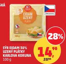 SÝR EIDAM 30% UZENÝ PLÁTKY KARLOVA KORUNA, 100 g