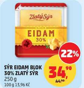 SÝR EIDAM BLOK 30% ZLATÝ SÝR, 250 g   
