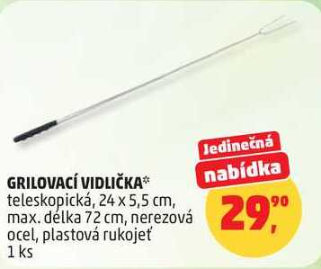 GRILOVACÍ VIDLIČKA teleskopická, 24 x 5,5 cm, max. délka 72 cm, nerezová ocel, plastová rukojeť, 1 ks  