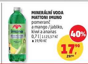 MINERÁLNÍ VODA MATTONI IMUNO pomeranč a mango/jablko, kiwi a ananas, 0,7 l