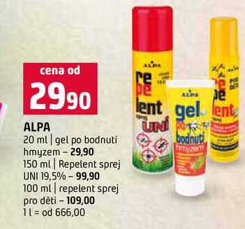 ALPA 20 ml gel po bodnutí hmyzem 150 ml Repelent sprej UNI 19,5% 100 ml repelent sprej pro děti 