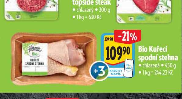  Bio Kuřecí spodní stehna chlazená  450 g 