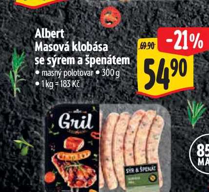 Albert Masová klobása se sýrem a špenátem  300 g