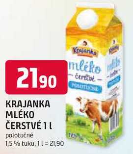 KRAJANKA MLÉKO ČERSTVÉ 1L polotučné 1,5% tuku