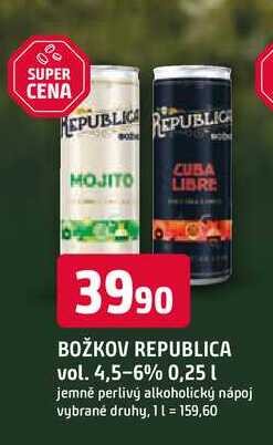 BOŽKOV REPUBLICA vol. 4,5-6% 0,25l jemně perlivý alkoholický nápoj vybrané druhy