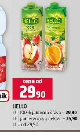 HELLO 1l 100% jablečná šťáva 1l pomerančový nektar 