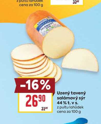 Uzený tavený salámový sýr 44% t. v s. z pultu lahůdek cena za 100 g 