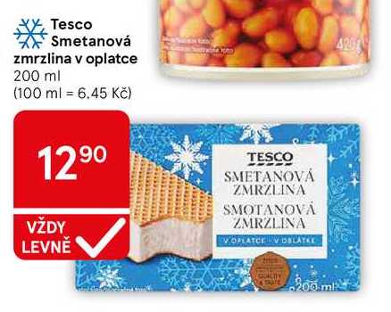 Tesco Smetanová zmrzlina v oplatce, 200 ml 