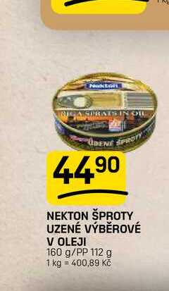 NEKTON ŠPROTY UZENÉ VÝBĚROVÉ V OLEJI 160 g/PP 112 g