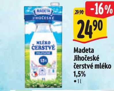 Madeta Jihočeské čerstvé mléko 1,5% 1 l