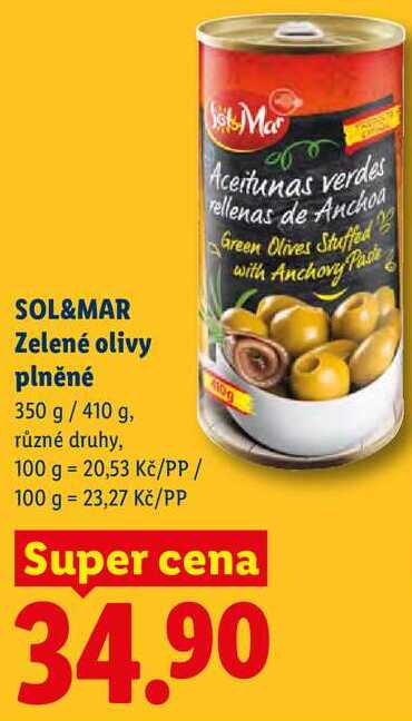 SOL&MAR Zelené olivy plněné, 350 g/410 g