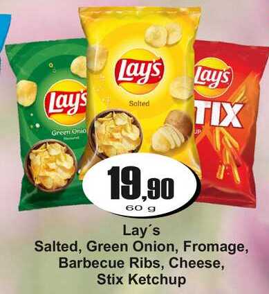 Lay's Salted, Green Onion, Fromage, Barbecue Ribs, Cheese, Stix Ketchup 60 g