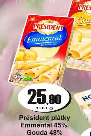 Président plátky Emmental 45%, Gouda 48% 100 g