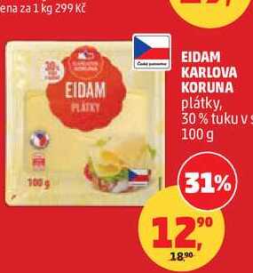 KARLOVA KORUNA EIDAM plátky, 30% tuku 100 g