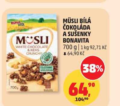 BONAVITA MÜSLI BÍLÁ ČOKOLÁDA A SUŠENKY 700 g