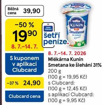 Mlékárna Kunín Smetana ke šlehání 31%, 200 g