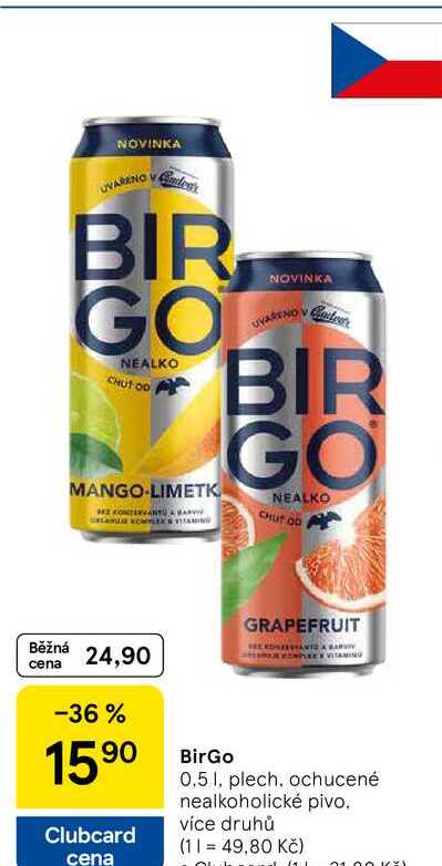 BirGo, 0.5 l, plech, ochucené nealkoholické pivo
