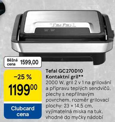 Tefal Kontaktní gril, 2000 W, gril 2 v 1 na grilování a přípravu teplých sendvičů. plechy s nepřilnavým povrchem, rozměr grilovací plochy: 23 x 14,5 cm 