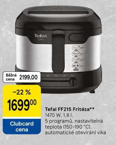 Tefal FF215 Fritéza, 1470 W. 1.8 l, 5 programů, nastavitelná teplota (150-190 °C). automatické otevírání víka 
