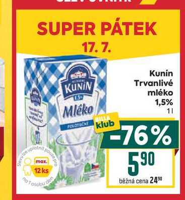 Kunin Trvanlivé mléko 1,5% 1l