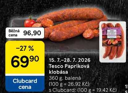 Tesco Papriková klobása, 360 g, balená 