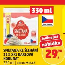 SMETANA KE ŠLEHÁNÍ 33% XXL KARLOVA KORUNA, 330 ml