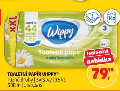 TOALETNÍ PAPÍR WIPPY různé druhy, 3vrstvý, 16 ks
