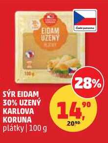 SÝR EIDAM 30% UZENÝ KARLOVA KORUNA plátky, 100 g