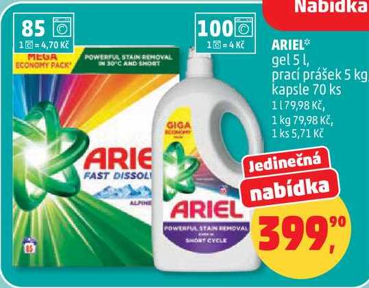 ARIEL gel 5 l, prací prášek 5 kg, kapsle 70 ks